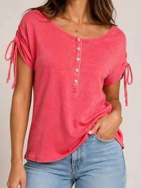 Chaser Vintage Rib Oversized Cinched Shoulder Henley Top Women’s Size Medium